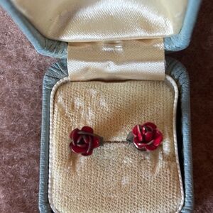 Vintage Enamelled Brass Red Rose Bud Flower Studs Earrings (6 mm)